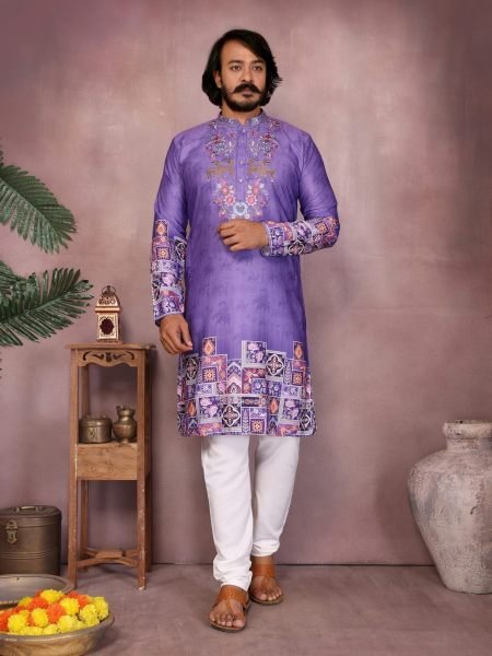 Affordable Purple Men   s Khadi Cotton Kurta Pyjama with Printed and Sequin Work 