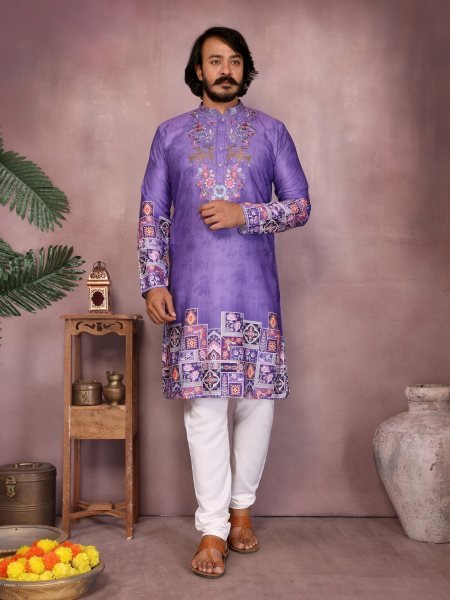 Affordable Purple Men   s Khadi Cotton Kurta Pyjama with Printed and Sequin Work Kurta Pajama Wholesale