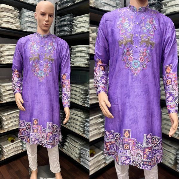 Affordable Purple Men   s Khadi Cotton Kurta Pyjama with Printed and Sequin Work Kurta Pajama Wholesale