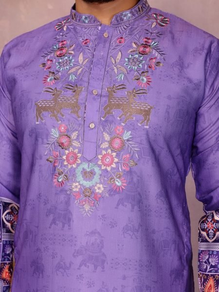 Affordable Purple Men   s Khadi Cotton Kurta Pyjama with Printed and Sequin Work Kurta Pajama Wholesale
