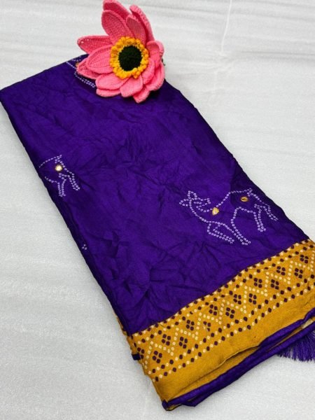 Affordable Purple Pure Moss Bandhani Print Saree with Super Mirror Work for Festive Wear Bandhej Sarees Wholesale