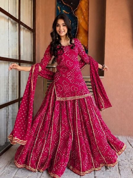 Affordable Rani Pink Georgette Bandhani Printed Short Kurti Set With Palazzo At Ex Factory Price Ready To Wear Suit