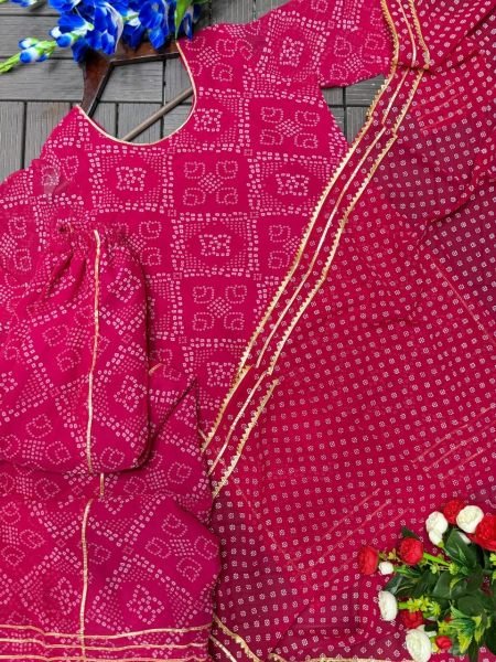Affordable Rani Pink Georgette Bandhani Printed Short Kurti Set With Palazzo At Ex Factory Price Ready To Wear Collection
