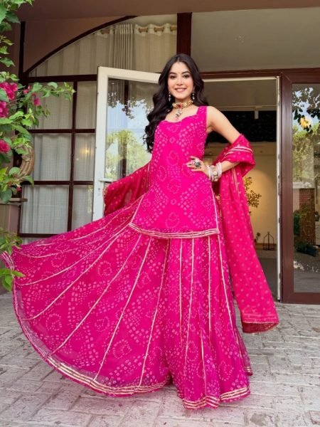 Affordable Rani Pink Georgette Bandhani Printed Short Kurti Set With Palazzo At Ex Factory Price Ready To Wear Collection