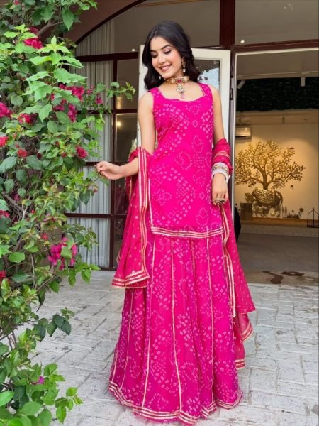 Affordable Rani Pink Georgette Bandhani Printed Short Kurti Set With Palazzo At Ex Factory Price Ready To Wear Collection