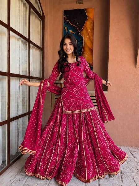 Affordable Rani Pink Georgette Bandhani Printed Short Kurti Set With Palazzo At Ex Factory Price Ready To Wear Collection