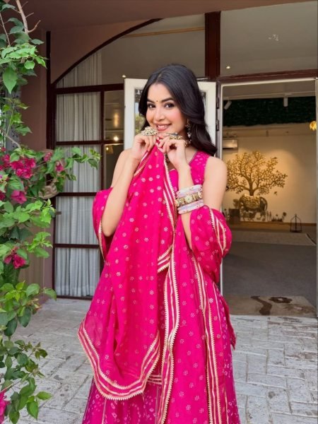 Affordable Rani Pink Georgette Bandhani Printed Short Kurti Set With Palazzo At Ex Factory Price Ready To Wear Collection