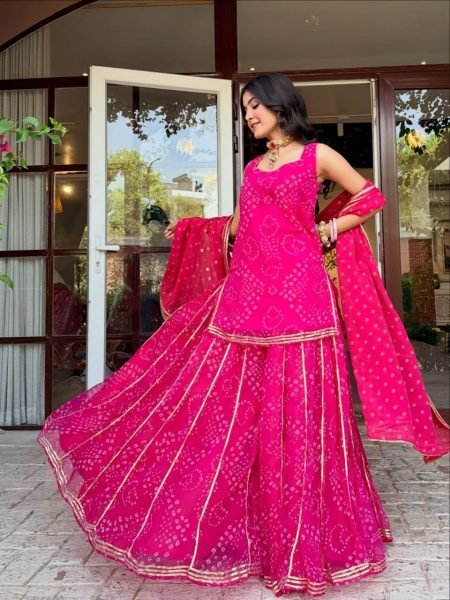 Affordable Rani Pink Georgette Bandhani Printed Short Kurti Set With Palazzo At Ex Factory Price Ready To Wear Collection