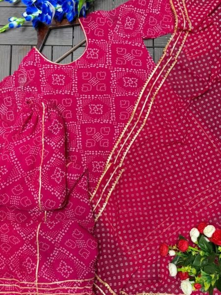 Affordable Rani Pink Georgette Bandhani Printed Short Kurti Set With Palazzo At Ex Factory Price Ready To Wear Collection