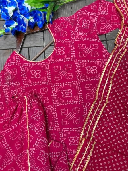 Affordable Rani Pink Georgette Bandhani Printed Short Kurti Set With Palazzo At Ex Factory Price Ready To Wear Collection