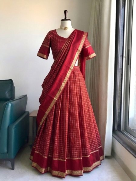 Affordable Red Elegant Lehenga Set with Zari Border for Women Ethnic Collection Half Saree Lehenga