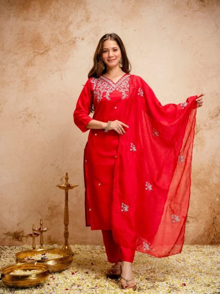 Affordable Red Floral Embroidered Chanderi Straight Kurta Set with Dupatta Kurtis