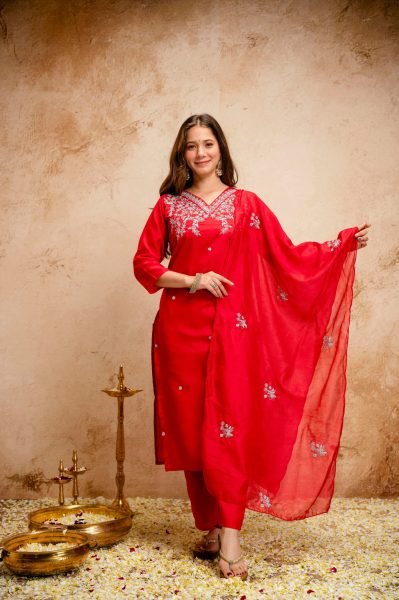 Affordable Red Floral Embroidered Chanderi Straight Kurta Set with Dupatta Embroidery Kurtis 