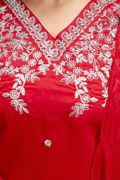 Affordable Red Floral Embroidered Chanderi Straight Kurta Set with Dupatta Embroidery Kurtis 