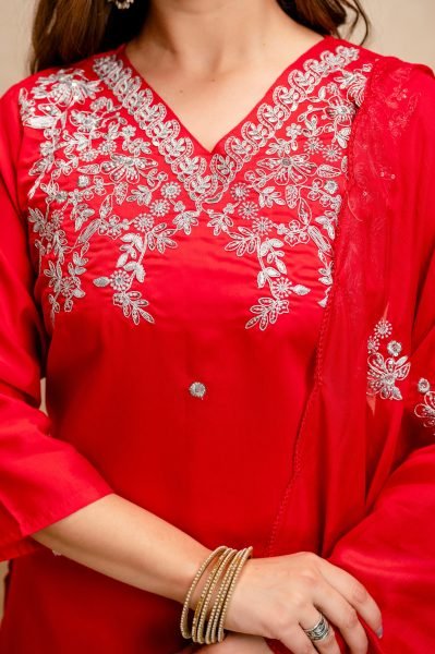 Affordable Red Floral Embroidered Chanderi Straight Kurta Set with Dupatta Embroidery Kurtis 