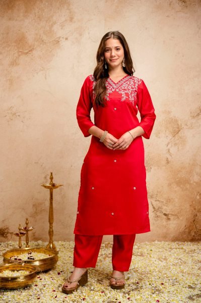 Affordable Red Floral Embroidered Chanderi Straight Kurta Set with Dupatta Embroidery Kurtis 