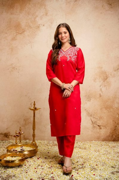 Affordable Red Floral Embroidered Chanderi Straight Kurta Set with Dupatta Embroidery Kurtis 