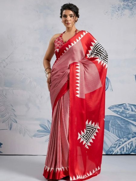 Affordable Red Printed Saree With Blouse for Resellers and Boutiques Sarees 