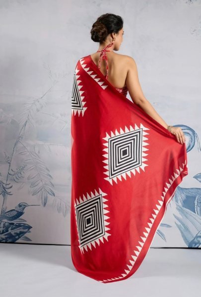 Affordable Red Printed Saree With Blouse for Resellers and Boutiques Printed Cotton Sarees Wholesale