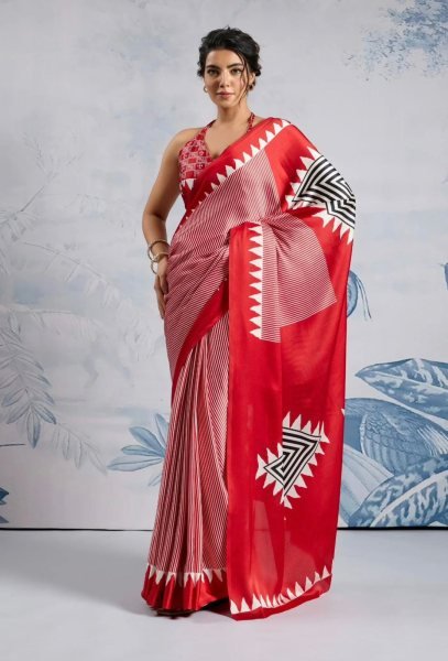 Affordable Red Printed Saree With Blouse for Resellers and Boutiques Printed Cotton Sarees Wholesale
