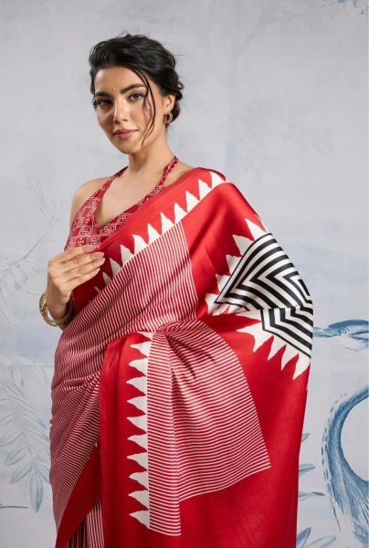 Affordable Red Printed Saree With Blouse for Resellers and Boutiques Printed Cotton Sarees Wholesale