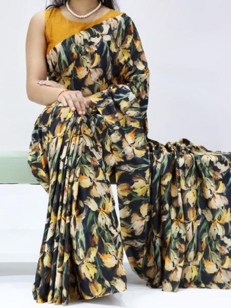 Affordable Silk Crepe Saree with All Over Print and Matching Mono Banglory Blouse