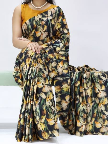Affordable Silk Crepe Saree with All Over Print and Matching Mono Banglory Blouse Silk Sarees Wholesale