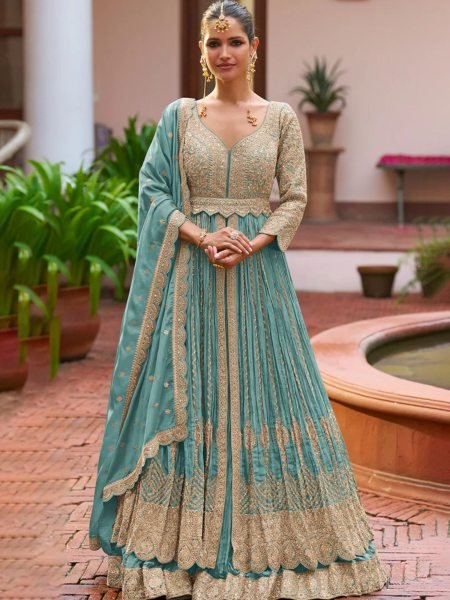 Affordable Sky Blue Chinon Anarkali Dress with Embroidery Coding Work 