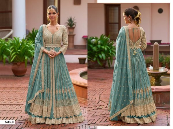 Affordable Sky Blue Chinon Anarkali Dress with Embroidery Coding Work Anarakali Gown Wholesale