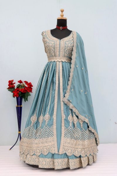 Affordable Sky Blue Chinon Anarkali Dress with Embroidery Coding Work Anarakali Gown Wholesale