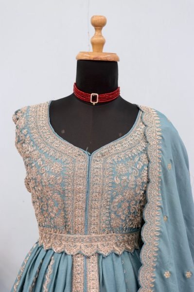 Affordable Sky Blue Chinon Anarkali Dress with Embroidery Coding Work Anarakali Gown Wholesale