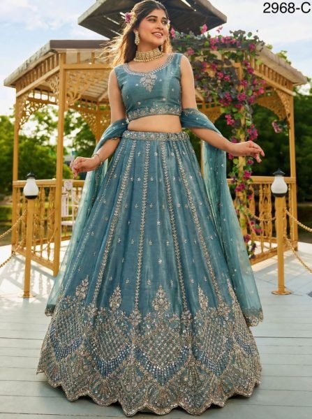 Affordable Teal Blue Heavy Embroidered Lehenga with Organza Dupatta for Party Wear Bridal Lehenga Choli