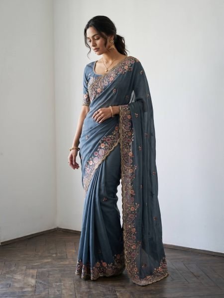 Affordable Teal Blue Soft NxC Moss Chiffon Saree with Mono Banglory Blouse at Wholesale Rate Sarees 