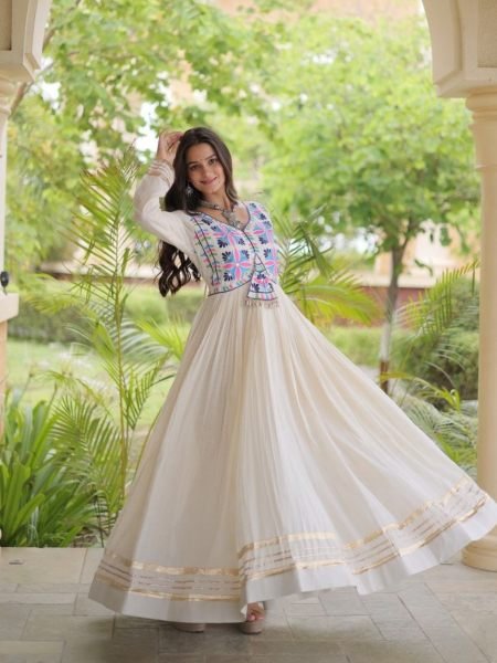 Affordable White Kora Cotton Gown with Multi Thread Embroidery and Mirror Work Kurtis