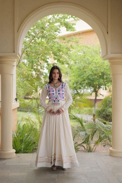 Affordable White Kora Cotton Gown with Multi Thread Embroidery and Mirror Work Anarkali Kurtis 