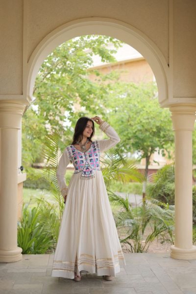 Affordable White Kora Cotton Gown with Multi Thread Embroidery and Mirror Work Anarkali Kurtis 