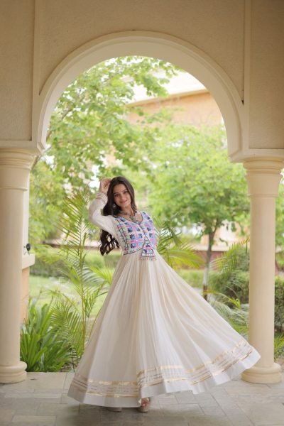 Affordable White Kora Cotton Gown with Multi Thread Embroidery and Mirror Work Anarkali Kurtis 