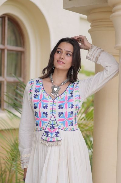 Affordable White Kora Cotton Gown with Multi Thread Embroidery and Mirror Work Anarkali Kurtis 