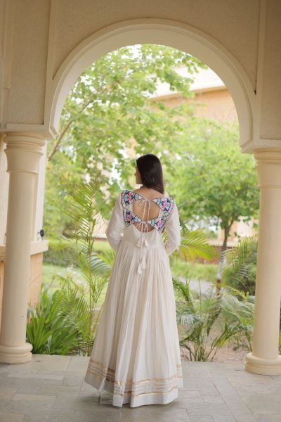 Affordable White Kora Cotton Gown with Multi Thread Embroidery and Mirror Work Anarkali Kurtis 