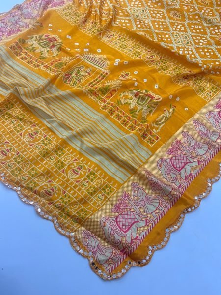 Affordable Yellow Premium Moss Chiffon Bandhani Printed Saree at Wholsale Rate 