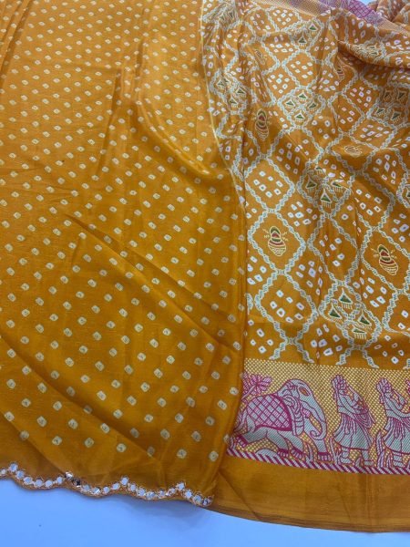Affordable Yellow Premium Moss Chiffon Bandhani Printed Saree at Wholsale Rate Pure Chiffon Sarees Wholesale