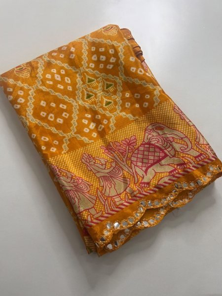 Affordable Yellow Premium Moss Chiffon Bandhani Printed Saree at Wholsale Rate Pure Chiffon Sarees Wholesale