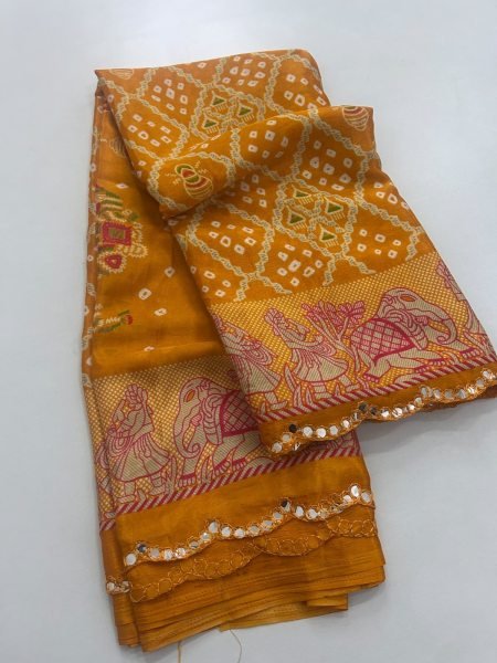 Affordable Yellow Premium Moss Chiffon Bandhani Printed Saree at Wholsale Rate Pure Chiffon Sarees Wholesale