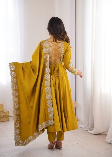 Affordable Yellow Roman Silk 3 Piece Gown Set with Chanderi Embroidered Dupatta Ready To Wear Collection