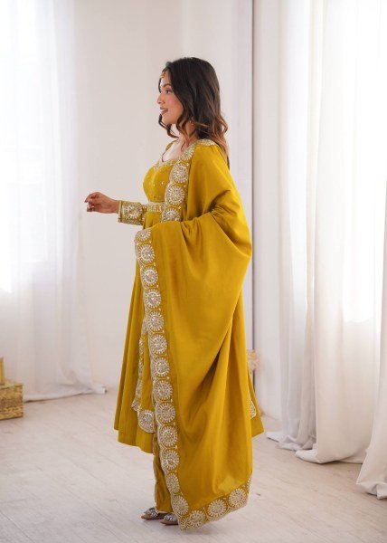 Affordable Yellow Roman Silk 3 Piece Gown Set with Chanderi Embroidered Dupatta Ready To Wear Collection