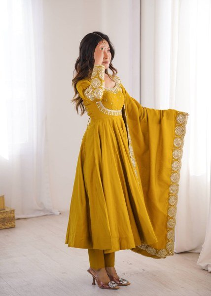 Affordable Yellow Roman Silk 3 Piece Gown Set with Chanderi Embroidered Dupatta Ready To Wear Collection