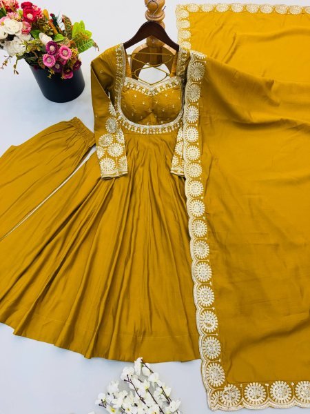 Affordable Yellow Roman Silk 3 Piece Gown Set with Chanderi Embroidered Dupatta Ready To Wear Collection