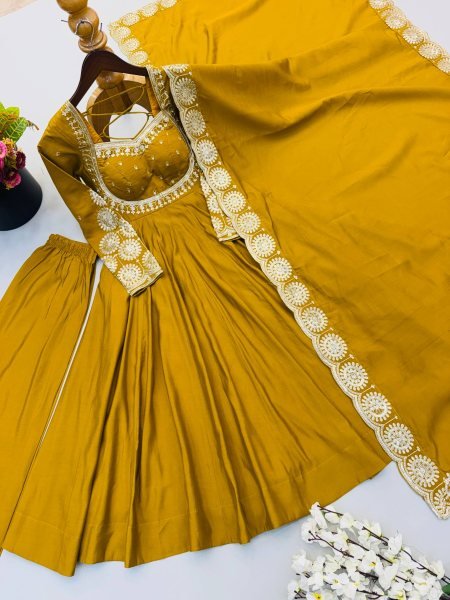 Affordable Yellow Roman Silk 3 Piece Gown Set with Chanderi Embroidered Dupatta Ready To Wear Collection