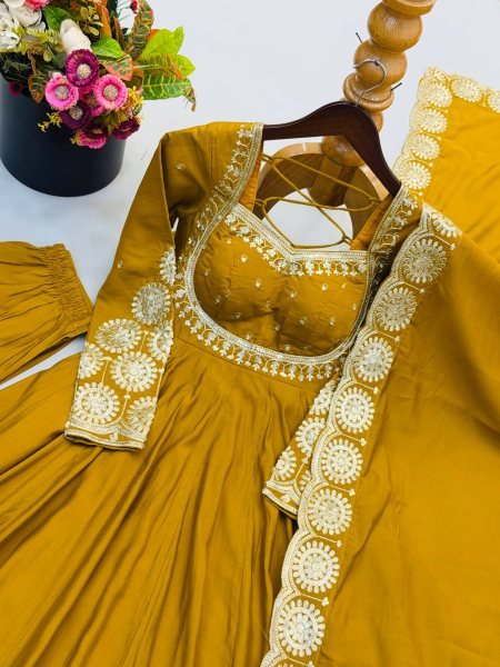 Affordable Yellow Roman Silk 3 Piece Gown Set with Chanderi Embroidered Dupatta Ready To Wear Collection