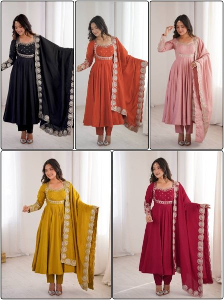 Affordable Yellow Roman Silk 3 Piece Gown Set with Chanderi Embroidered Dupatta Ready To Wear Collection